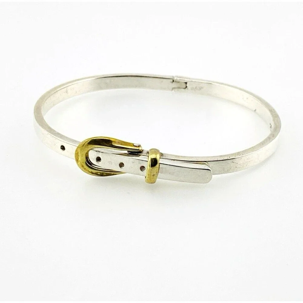 Vintage Mexican Sterling Silver Brass Buckle Bangle Bracelet Two Tone Mixed Meta